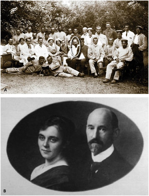Photographs portraying Brodmann's life as an established MD. (A) Brodmann as a physician in a hospital for soldiers. Photo taken between 1914 and 1916. With permission of the Brodmann Museum, Hohenfels-Liggersdorf. (B) Korbinian Brodmann and his wife Margarete Francke in the year 1917. With permission of the C. & O. Vogt Archive, Institute of Brain Research, University Düsseldorf.