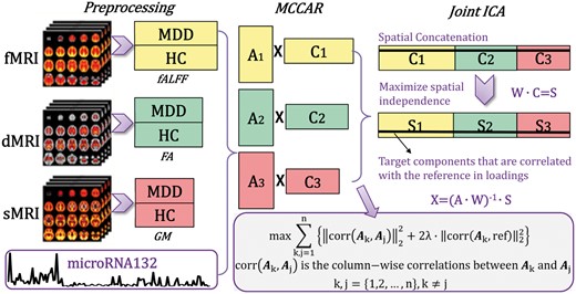 Flowchart of the supervised data fusion strategy (MCCAR+jICA). The strategy simultaneously maximizes the inter-modality covariation and correlations between loadings of certain components and the reference (i.e. the miR-132 levels).