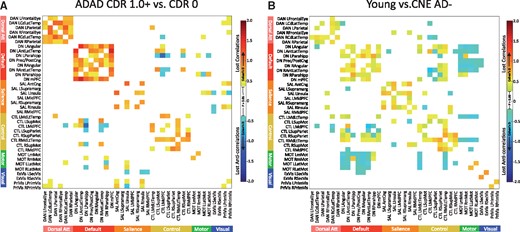Correlations and anti-correlations degraded in ADAD and ageing. (A) Comparing M+ CDR0 and M+ CDR1+, degraded positive correlations in ADAD (warm colours) outnumbered degraded anti-correlations (cool colours). Mirroring whole network connectivity patterns, the largest number and magnitude of degraded connections were within cognitive networks, particularly the default and dorsal attention networks. (B) Comparing young subjects to CNE AD−, the preferential degradation of positive connections in the default and dorsal attention networks was not evident, and more inter-network connections and anti-correlations were degraded with ageing as compared to ADAD. Map threshold P < 0.05.