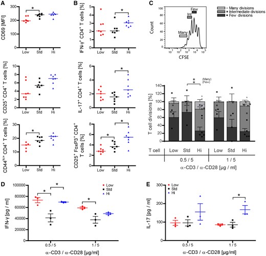 Vitamin D high excess supplementation enhances activation of peripheral T cells and promotes their encephalitogenic differentiation. (A and B) Splenocytes were isolated and T-cell activation and differentiation was analysed by FACS 9 weeks after vitamin D diet onset and 15 days post immunization (representative plots of two independent experiments; data given as median; n = 5–7). (C–E) Splenic T cells were MACS purified from wild-type mice 50 days post-immunization and 17 weeks after vitamin D diet onset. (C) T cells were CFSE labelled and incubated in anti-CD3/anti-CD28 pre-coated wells for 72 h. T-cell proliferation was evaluated by CFSE dilution and stratified by division frequency as follows: few divisions (1–2; dark grey), intermediate divisions (3–4; medium grey) and many divisions (≥5; light grey). T-cell divisions in the three groups are shown according to this setup as mean ± SEM; n = 3–5. (D and E) Differentiation of T cells into Th1- and Th17-secreting T cells was analysed by quantification of IFN-γ and IL-17 in culture supernatants by ELISA (data given as mean ± SEM; n = 3–5).