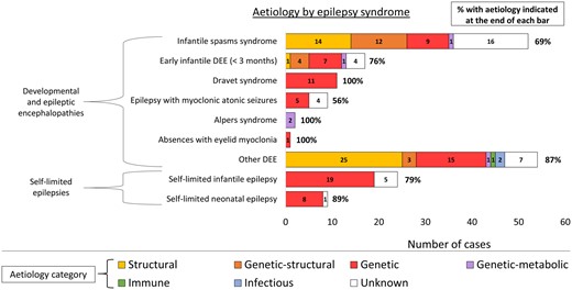 Aetiological spectrum of the more common epilepsy syndromes of early childhood, showing the total yield from aetiological investigations for each epilepsy syndrome. DEE = developmental and epileptic encephalopathy.