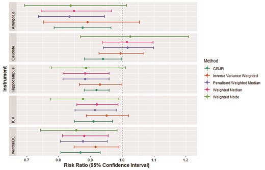 MR results for the three brain structures with evidence to be causally associated with increased migraine risk. Bars indicate 95% CIs.
