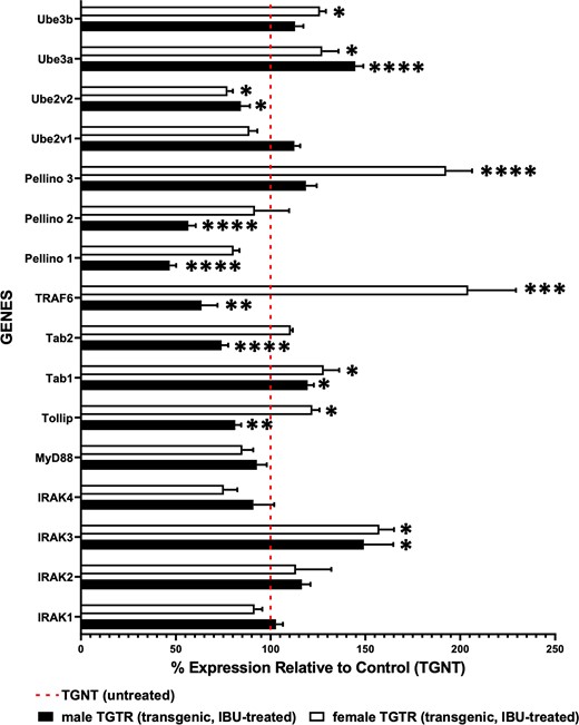 RNA sequencing data for TGTR and TGNT rats show differential and sex-dependent expression of genes involved in the TLR and UP pathways. These genes encode for IRAK-specific substrates, IRAK isoforms and ubiquitin ligases and conjugating enzymes. We analysed male and female hippocampal tissues separately for mRNA expression in TGTR relative to TGNT. The dotted red line represents 100% of the gene expression for male or female TGNT rats. Multiple unpaired one-tail t-tests with Welch’s corrections were used for analysis of RNA sequencing data for all genes listed in Fig. 6. (n = 5 TGNT males, n = 5 TGNT females, n = 5 TGTR males, n = 5 TGTR females). *P < 0.05, **P < 0.01, ***P < 0.001, ****P < 0.0001.