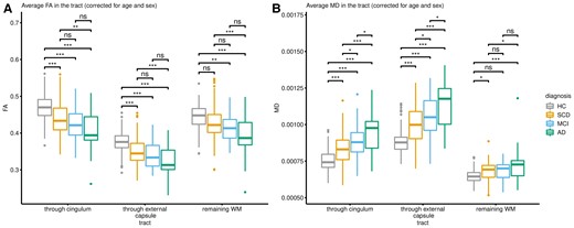 Parameters of diffusivity in cholinergic pathways and remaining WM. All clinical groups differed in FA and MD compared to the HC groups in all observed pathways. (A) Average FA. (B) Average MD. ns = not statistically significant (P > 0.05), *P < 0.05, **P < 0.01, ***P < 0.001 (assessed using a two-tailed alpha). AD = Alzheimer’s disease dementia.