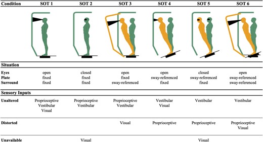 Summary of sensory organization test (SOT) conditions. Situation induced by each condition and the effect that it has on sources of sensory information for maintenance of balance are coupled with a visual representation to aid interpretation of our findings. Inspired by illustration in Huh et al.16 Created with BioRender.com
