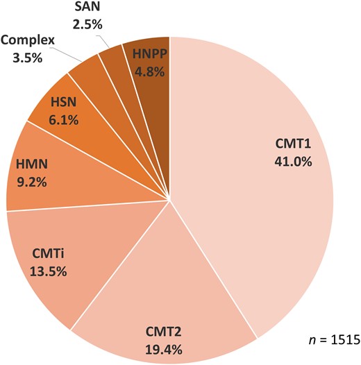 Diagnostic breakdown by phenotype. CMT1/2 = Charcot-Marie-Tooth disease type 1/2; CMT(i) = Charcot-Marie-Tooth disease (intermediate); HMN = hereditary motor neuropathy; HSN = hereditary sensory neuropathy; SAN = sensory ataxic neuropathy.