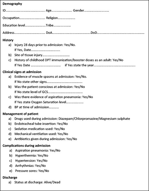 Data Collection Tool. Abbreviations: DoA = date of admission; DoD = date of discharge or death; DPT = diphtheria/pertussis/tetanus; GCS = Glasgow Coma Scale.