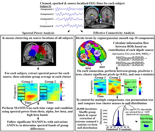 Summary of EEG analysis methods for spectral power and effective connectivity. ANOVA, analysis of variance; IC, independent component; MANOVA, multivariate analysis of variance; ROI, region of interest.
