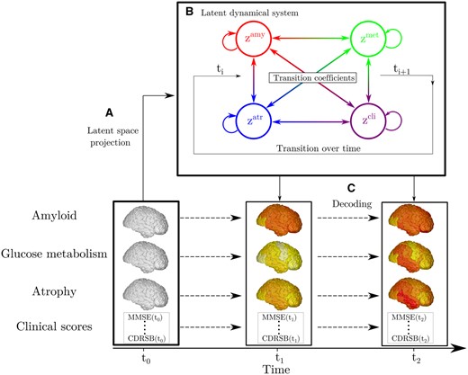 Overview of SimulAD. (A) High-dimensional multi-modal measures are projected into a four-dimensional latent space. Each data modality is transformed in a corresponding z-score zamy, zmet, zatr, zcli. (B) The dynamical system describing the relationships between the z-scores allows to compute their transition across the evolution of the disease. (C) Given the latent space and the estimated dynamics, the follow-up measurements can be reconstructed to match the observed data.