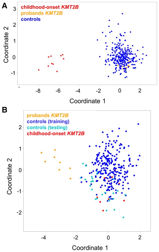 DNAm array analyses. (A) DNAm profiles in patients with KMT2B variants associated with late-onset dystonia differ from those characterizing childhood-onset DYT-KMT2B (DYT28). MDS plot is used to classify the presently identified KMT2B missense variants (orange) with respect to KMT2B variants causing childhood-onset DYT-KMT2B (red) and an in-house DNAm data set including ∼300 healthy individuals and subjects with rare neurodevelopmental disorders (blue). (B) Genome-wide DNAm analysis was able to cluster cases with late-onset dystonia (n = 6), hearing loss (n = 1), and intellectual disability-short stature (n = 1) carrying heterozygous KMT2B missense variants (orange) from childhood-onset DYT-KMT2B (red) and control samples (blue), by MDS analysis. The age-and sex-matched controls selected to identify differentially methylated probes are highlighted in black.