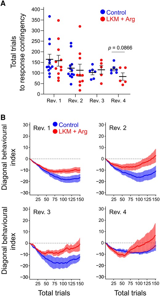 Behavioural indices of responses to reversed contingency. (A) Total trials to response contingency in each reversal phase (control: left side, LKM + Arg: right side). Each value represents the total number of trials where the minimum of diagonal behavioural indices (cumulative diagonal corrects − cumulative diagonal errors) was last detected in each reversal phase. The first reversal phase, second reversal phase, third reversal phase and fourth reversal phase are presented as Rev. 1, Rev. 2, Rev. 3 and Rev. 4, respectively. The value gradually decreased over repeating reversal phases in both groups. Each horizontal line and error bar represent the mean and SEM of each group, and each circle represents individual mouse data (LKM + Arg: n = 11, control: n = 12 at Rev. 1; LKM + Arg: n = 10, control: n = 12 at Rev. 2; and LKM + Arg: n = 5, control: n = 6 at Rev. 3 and Rev. 4). (B) Curves of diagonal behavioural indices within the first 150 trials in each reversal phase. Horizontal dotted lines represent zero value. Each circle and error bar represent the mean and SEM of each group (LKM + Arg: n = 11, control: n = 12 at Rev. 1; LKM + Arg: n = 10, control: n = 12 at Rev. 2; and LKM + Arg: n = 5, control: n = 6 at Rev. 3 and Rev. 4).