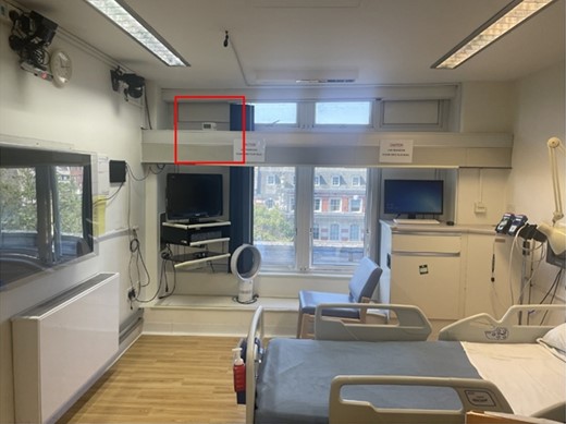 Study setting. An example of an icEEG video-telemetry room, with west-facing window, at the NHNN. All rooms used for icEEG are west-facing, with large windows, which cannot fully open due to legal reasons, and have no air conditioning. The position of the Onset HOBO data logger (dry bulb temperature recorder) is outlined with the square.