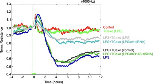 LPS-activated TC exosomes inhibit LPS-mediated ECs barrier disruption by miRNA-146a-5p. ECs were plated on the gold microelectrodes. When ECs formed the monolayer and the TER values were stable, different stimulations were added (control group, LPS-activated TCs exosomes group, LPS + LPS-activated TC exosomes, LPS group, LPS + normal TC exosomes, LPS + LPS-activated TC exosomes without miRNA- 146a-5p). the ECs monolayer permeability was assessed by real-time TER measurements. LPS lipopolysaccharide, TC telocyte, TER trans-endothelial electrical resistance, ECIS electrical cell-substrate impedance sensing, miR-146 micro RNA-146a-5p, siRNA small interfering RNA