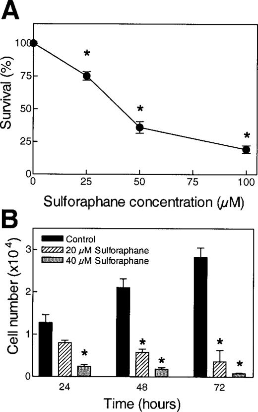  Effect of SFN treatment on proliferation of PC-3 cells determined by ( A ) sulforhodamine B assay and ( B ) trypan blue dye exclusion assay. For sulforhodamine B assay, PC-3 cells were exposed to DMSO (control) or desired concentration of SFN for 24 h. Data are mean ± SE ( n = 6) from a representative experiment that was repeated two times, and the results were comparable. For trypan blue assay, cells were treated with DMSO (control) or 20 or 40 µM SFN for 24, 48 or 72 h. Data are mean ± SE ( n = 3) from a representative experiment that was repeated two times, and the results were comparable. * Significantly different compared with control ( P < 0.05) by Student's t -test. 
