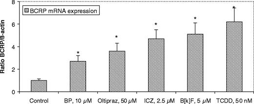  Effects of TCDD, B[ k ]F, BP, ICZ or oltipraz on mRNA expression of BCRP. Real time PCR was used to determine the effects of treatment of Caco-2 cells with with 0.1% DMSO (control), BP (10 μM), oltipraz (50 μM), ICZ (2.5 μM), B[ k ]F (5 μM), or TCDD (50 nM) for 24 h on the levels of BCRP in Caco-2 cells relative to the housekeeping gene β-actin. Experiments were carried out at least in triplicate. A two-tail, paired Student’s t -test was performed, and P values of the mRNA levels of the treated samples were calculated in reference to the solvent control ( *P < 0.05). 