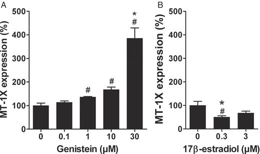  Gene expression analyses of MT-1X after 12 h incubation with genistein or 17β-estradiol, as determined by Taqman real-time PCR. LAPC-4 cells were incubated with either 0.01–30 μM genistein or 0.3 and 3 μM 17β-estradiol. Control cells were incubated with the 0.1% DMSO (genistein vehicle). ( A ) One-way ANOVA analysis revealed induction of MT-1X at 30 μM (3.9-fold). In addition, 1 and 10 μM genistein also slightly increased MT-1X (1.4- and 1.7-fold, respectively) which was only significant in the t -test. ( B ) 17β-estradiol at 0.3 μM decreased MT-1X expression 2.0-fold, whereas 3 μM had no effect. Values are means ± SEM of relative gene expression based on DMSO control (100%). *P < 0.05, compared to vehicle control (one-way ANOVA, Dunnett's post-test, n = 3). #P < 0.05, compared to vehicle control (two-tailed unpaired t -test, n = 3). 
