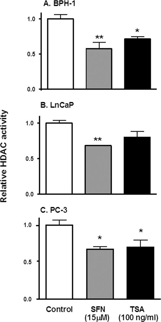 SFN inhibits HDAC activity in prostate epithelial cells. BPH-1 ( A ), LnCaP ( B ) and PC-3 cells ( C ) were harvested 48 h after treatment with SFN (15 µM), or 8 h after TSA exposure (100 ng/ml), and cell lysates were analyzed for HDAC activity, as reported ( 19 ). Results = normalized mean ± SD, n = 3. *P < 0.05, ** P  < 0.01. Average baseline HDAC activity for BPH-1, LnCaP and PC-3 cells were 7.7, 8.4 and 12.2 arbitrary florescence units (AFU), respectively. 