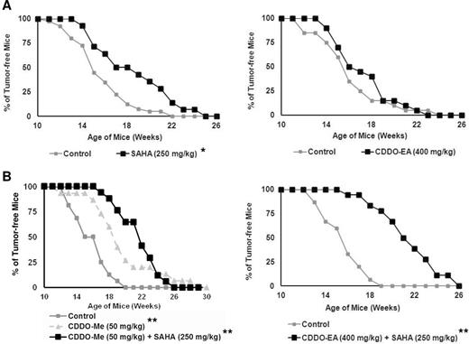  SAHA enhances the ability of CDDO-Me and CDDO-Ea to delay the development of ER− mammary tumors in PyMT mice. Beginning at 4 weeks of age, female transgenic mice were fed powdered control diet or diet containing SAHA (250mg/kg diet), CDDO-Ea (400mg/kg diet), the combination of SAHA (250mg/kg diet) and CDDO-Me (50mg/kg diet) or the combination of SAHA (250mg/kg diet) and CDDO-Ea (400mg/kg diet). Mice were palpated twice a week. The effects of single agents ( A ) or drug combinations ( B ) on tumor development in PyMT mice as compared with control diet are shown. n = 15 mice per arm. * P < 0.05 versus control in A and ** P < 0.001 versus control in B. 