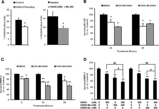  SAHA, alone or in combination with CDDO-Me, inhibits the infiltration of macrophages into the mammary glands of PyMT mice and suppresses levels of M-CSF and MMP-9 in primary PyMT tumor cells. Beginning at 4 weeks of age, female transgenic mice were fed powdered control diet, SAHA diet (250mg/kg diet) or SAHA (250mg/kg diet) + CDDO-Me (50mg/kg diet) and killed at 12 weeks of age ( A ). Quantitation of macrophage infiltration was detected by flow cytometry analysis of F4/80 in homogenized mammary glands, n = 5 per group for the SAHA study and n = 19 per group for the SAHA + CDDO-Me study. * P < 0.05 versus age-matched littermate controls. Primary PyMT tumor cells were treated with SAHA (0–1000nM) for varying time points (8–48h), and supernatants were assayed by ELISA for M-CSF ( B ) or MMP-9 ( C ) secretion. * P < 0.05 and ** P < 0.001 versus control treatment. ( D) Primary PyMT tumor cells were treated with the combination of SAHA (300nM) and CDDO-Me or CDDO-Ea (300nM) for 24h, and supernatants were assayed by ELISA for MMP-9. ** P < 0.001 versus control treatment; # P < 0.05 and ## P < 0.001 versus single drug treatment. 