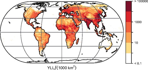 Annual years of life lost from air pollution (units per 1000 km2). The global total is 233 (221–250) million per year.