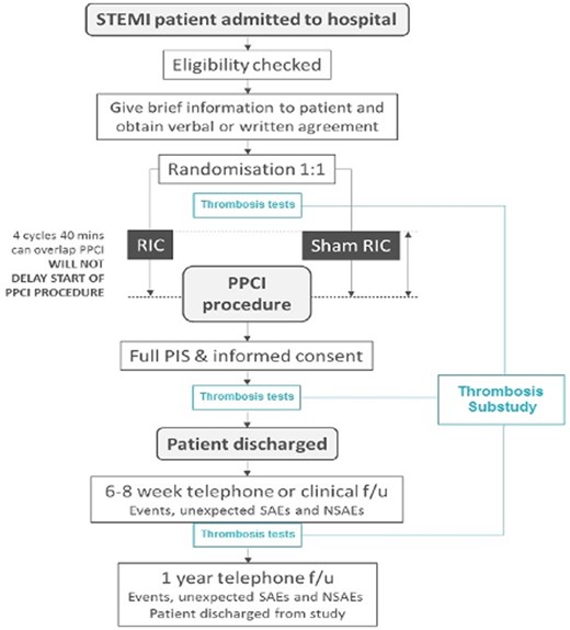 ERIC-PPCI study flowchart. Flowchart in black represents the ERIC-PPCI main study, whereas in blue represents the thrombosis substudy. Blood samples were taken at three time points: (i) baseline upon arrival to the catheterization laboratory and at randomization, (ii) at clinical stabilization, just prior to hospital discharge, and (iii) at 6–8 weeks of follow-up. NSAEs, non-serious adverse events; PIS, patient information sheet; SAEs, serious adverse events.