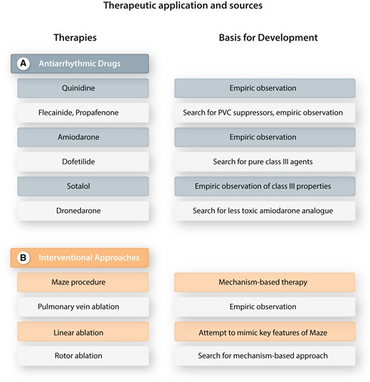 Principal currently used therapies for AF rhythm control (left) and their developmental origins (right). (A) Antiarrhythmic drugs. (B) Interventional methods.