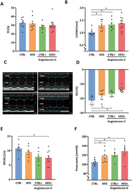 Combination of HFD + ANGII results in a phenotype of concentric LV hypertrophy with preserved FS and diastolic dysfunction. (A) FS (systolic function) (n = 7–11 mice per group). (B) LVAWd (n = 7–11 mice per group). (C) Representative M-mode echocardiographic images of LV. (D) GLS as marker of myocardial deformation per treatment group (n = 6–9 mice per group). (E) Quantification of RPLSR as marker of diastolic function (n = 6–10 mice per group). (F) Pmax aorta measured by intracardiac pressure measurements (n = 5–9 mice per group). FS, fractional shortening; LVAWd, left ventricular anterior wall thickness in diastole; RPLSR, reverse peak longitudinal strain rate; GLS, global longitudinal strain; CTRL, control chow; CTRL + ANGII, angiotensin II treated group on control chow; HFD, high-fat diet; HFD + ANGII, angiotensin II treated group on high-fat diet; Data are presented as mean + standard errors of the mean. *Kruskal–Wallis test followed by Mann–Whitney U test P <0.05 is considered significant.