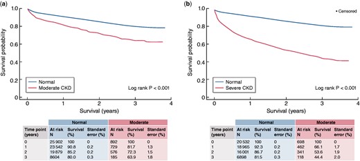The effect of pre-existing CKD on survival on 47 715 patients undergoing surgery for AAA (25.7% open repairs and 74.3% EVAR). Blue line: subjects with eGFR > 60 mL/min/1.73 m2 (no CKD, or CKD G1 and G2). Red line, left figure: patients with moderate CKD (G3), right figure: patients with severe CKD (G4 and G5). Adapted with permission from Aranson et al.11