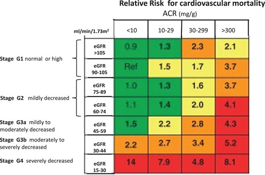 Cardiovascular prognosis in CKD. CKD is defined as abnormalities for kidney function (eGFR) or damage (albuminuria) lasting >3 months. The figure shows the prognosis for cardiovascular disease and CKD progression according to ACR and eGFR and ACR categories. Green, low risk; yellow, moderate risk; orange, high risk; red, very high risk. Adapted by permission by the KDIGO 2012 Guideline on CKD, Kidney International Supplement 1, volume 3, pages 1–150, 2013.