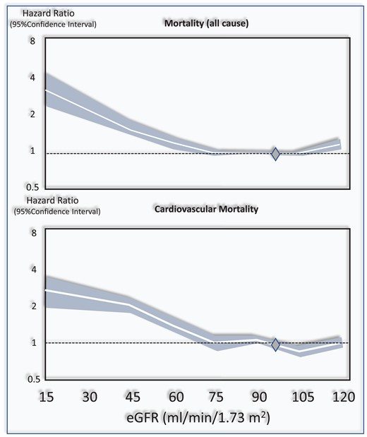 Relationship between the eGFR and the risk of all-cause and cardiovascular mortality in the CKD Epi consortium meta-analysis.7. The Figure has been drawn on the basis of data reported in this study and on Figure 1 data of the same study. The diamond at 95 mL/min/1.73 m2 is the reference point (i.e. the eGFR level assumed as normal).