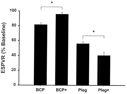 Postischemic left ventricular function after 90 min of reperfusion measured as end-systolic pressure–volume relation (ESPVR) expressed as percent of baseline values. Systolic function is improved in the BCP(+) group compared to BCP(−) group, but is diminished in the Pleg(+) group compared to the other groups (*=P<0.05 versus blood(−) and Pleg(−), respectively). PLEG(−)=Plegisol without ONOO−; PLEG(+)=Plegisol supplemented with 5 μM ONOO−; BCP(−)=blood cardioplegia without ONOO−; BCP(+)=blood cardioplegia supplemented with 5 μM ONOO (final concentration). (Data adapted from Ronson et al. [83]).