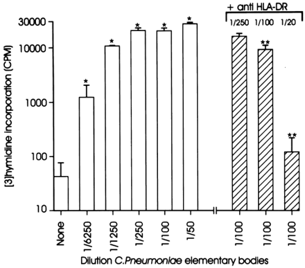 Representative example of a 3H thymidine incorporation experiment with a T cell clone (patient 5), performed with different concentrations of elementary bodies and anti-HLA-DR antibodies. *, P<0.005 compared to T cells cultured without elementary bodies; **, P<0.005 compared to T cell cultured with C. pneumoniae elementary bodies (1/100) only.