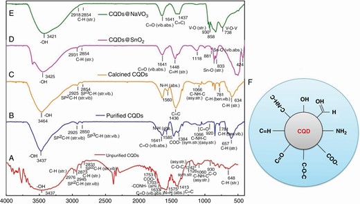 FTIR spectra of (a) unpurified CQDs, (b) purified CQDs, (c) calcined CQDs, (d) CQDs@SnO2, (e) CQDs@NaVO3 and (f) functional groups on the surface of CQDs