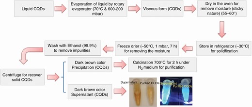 The processing steps for the preparation of purified solid CQDs from liquid CQDs