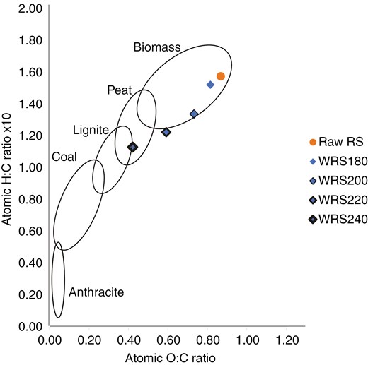 Van Krevelen diagram of the raw and the wet torrefied RS.
