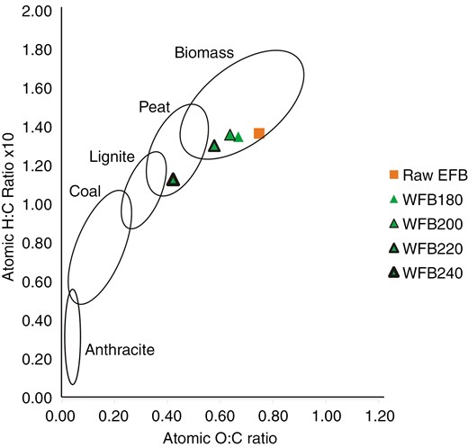 Van Krevelen diagram of the raw and the wet torrefied palm oil EFB.