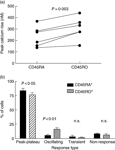 从外周血分离的CD45RO+和CD45RA+T细胞中钙反应的大小和模式不同。（a） 从同一供体的外周血中分离出CD4+CD45RA+和CD4+CD45RO+T细胞，装载有Indo-1，并对使用荧光计获得的10μg/ml植物血凝素（PHA-P）产生钙反应。显示了来自六个不同捐赠者的配对数据，并绘制了凝集素引起的基线和最大值之间的上升。（b） 从同一供体的PB中分离出CD4+CD45RA+和CD4+CD45RO+T细胞，加载Fura-2和10μg/ml PHA-P在长达20分钟的时间内成像的钙反应。对于每个供体，在每个群体的不同细胞上重复两到三次。每个细胞被单独分析，并分配到四种钙模式中的一种（峰值-平台、振荡、瞬时或无反应）。所示为三个捐助者的结果；每次分析每种类型的70到270个细胞。显示的数据来自447个CD45RA+细胞和649个CD45RO+细胞。