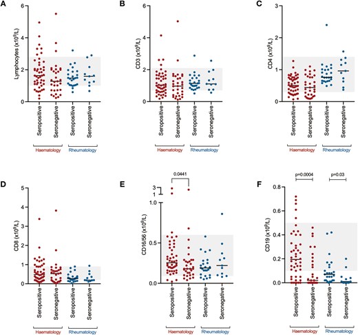 Lymphocyte and lymphocyte subset enumeration in SARS-CoV-2 vaccine responders and non-responders. (A) Total lymphocyte count, (B) CD3+ T lymphocytes, (C) CD4+ T lymphocytes, (D) CD8+ T lymphocytes, (E) CD16/56+ natural killer cells, (F) CD19+ B lymphocytes. Grey zone represents the normal range for each cell population.