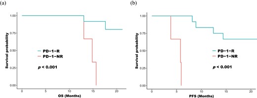 Kaplan–Meier curves on progression-free survival (a) and overall survival (b) in patients receiving anti-PD-1 treatment. PD-1-R: patients treated with durable clinical benefit with anti-PD-1 treatment; PD-1-NR: patients with no durable clinical benefit with anti-PD-1 treatment.