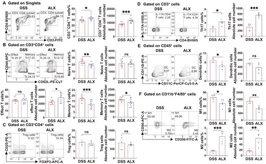 ALX regulates the function of T cells, dendritic cells, and macrophages in colitis mice. (A, B) CD4+ T lymphocytes and their subsets of naive T cells (CD44−CD62L+), memory T cells (CD44+CD62L+), and effector T cells (CD44+CD62L−) in spleen of mice in both DSS and ALX groups (n = 8–10/group) were analysis by flow cytometry. (C, D) Th17 cells (CD4+ IL-17A+) and regulatory T cells (Treg) (CD4+ CD25+ Foxp3+) in the spleen were analysis by flow cytometry (n = 4–5/group). (E, F) DCs (CD45+CD11B−CD11C+) and macrophages in spleen were analysis by flow cytometry (n = 4–5/group). According to the expression of CD206, macrophages were divided into M1 macrophages (CD86+ CD206-) and M2 macrophages (CD86+CD206+). Data are expressed as the mean ± SEM. P values were tested using a two-tailed Student’s t-test. * P < 0.05; ** P < 0.01; *** P < 0.001. ns, not statistically significant