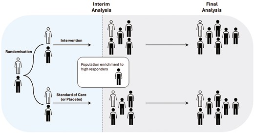 adaptive population enrichment design with 2 arms and 2 potential subpopulations. Filled indicates one subpopulation (e.g. the biomarker-positive subgroup), while outlined represents the second subpopulation (biomarker-negative subgroup)