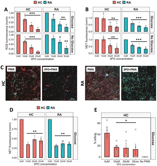 Figure shows multiple effects of 3PO on RA and HC neutrophils