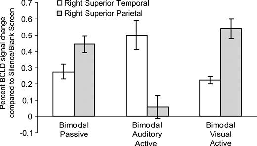 Interaction between attention condition and percent BOLD signal change in peak voxels of the right superior parietal lobe (x = 24 y = −60 z = 56) and right superior temporal sulcus (STS) (x = 50 y = −34 z = 2). BOLD signal increased in the right STS and decreased in the right superior parietal lobe from bimodal passive to bimodal auditory active conditions. BOLD signal decreased slightly in the right STS and increased in the right superior parietal lobe from bimodal passive to bimodal visual active conditions. Data reported as means ± SE.