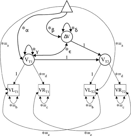Measurement model for the assessment of two-occasion changes in regional brain volume. Squares represent observed variables, circles represent latent variables and the triangle serves to represent information regarding means and intercepts. Free parameters are indicated by an asterisk. Parameters with equal sign and the same subscript are constrained to be equal to each other. T1 = baseline; T2 = follow-up; VL = regional volume of left hemisphere; VR = regional volume of right hemisphere; V = regional latent volume; ΔV = difference in regional volume between first and second occasions; α = latent mean of regional brain volume at first occasion (baseline); β = mean difference between latent regional brain volumes at first and second occasions; γ = variance (individual differences) in latent regional brain volume at first occasion; δ = variance (individual differences) in latent regional brain volume changes between first and second occasions; ε = covariance between individual differences in regional brain volume at first occasion and individual differences in regional brain volume changes. The model has four observed variables, 10 free parameters and four degrees of freedom. For further information on two-occasion latent difference modelling in general, see McArdle and Nesselroade (1994).