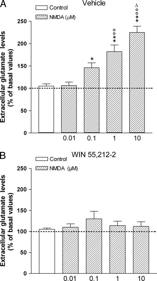 Effect of NMDA on the extracellular glutamate levels in cortical cell cultures obtained from 1-day-old neonates. The WIN group (B) represents the cortical cells obtained from neonates born from mothers treated daily with WIN 55,212-2 at a dose of 0.5 mg/kg s.c., from GD 5 to GD 20. WIN was suspended in 0.3% Tween 80–saline. The vehicle group (A) represents the cortical cells obtained from neonates born from mothers treated with the 0.3% Tween 80–saline solution during gestation. Glutamate levels were measured in the third (30 min) fraction and are expressed as percent change of the basal values as calculated by the mean of the first two fractions. NMDA was added to the Krebs' Ringer solution 15 min before the end of the third fraction. Each value represents the mean ± SEM. *P < 0.05, **P < 0.01 significantly different from the respective control and 0.01 μM NMDA groups; °°P < 0.01 significantly different from the respective 0.1 μM NMDA group; ΔP < 0.01 significantly different from the respective 1 μM NMDA group according to ANOVA followed by Newman–Keul's test for multiple comparisons.