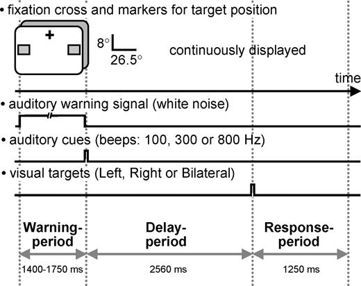Schematic illustration of stimulus configurations, paradigm and time-course of events within a trial. A fixation cross and two lower visual field markers for target position (gray squares) were continuously displayed. Each trial was initiated by a warning period of variable length (1400–1750 ms) characterized by a sustained auditory white noise. The cue which followed on the warning stimulus was a brief auditory tone (50 ms) of either 100, 300 or 800 Hz frequency instructing the subject either to direct their attention covertly to the lower left or lower right marker and to maintain attention at the indicated position (directional cues, 100 and 800 Hz tone respectively), or to covertly attend to both markers simultaneously (neutral cue, 300 Hz tone). After a constant delay of 2560 ms, a target was flashed for 40 ms either in the left or right square or bilaterally. Following a directional cue, targets were more likely to appear at cued position (probability 0.66). Following neutral cues, targets appeared at left or right location markers with equal probability. Subjects were asked to respond with index, middle and ring finger of their right hand as a function of perceived target location.