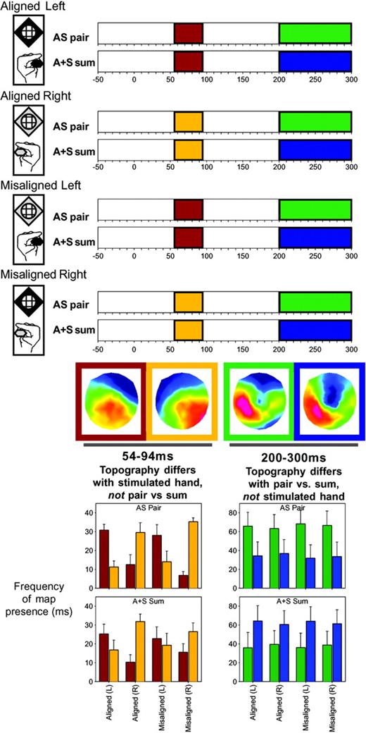 Results of the spatio-temporal topographic pattern analysis of the scalp electric field for each of the AS pair and A+S sum ERPs. Over the 54–94 ms period, different scalp topographies were observed for conditions involving somatosensory stimulation of the left and right hand (red and gold bars respectively). These maps are shown in similarly colored frames, and their respective presence in the data of individual subjects was statistically assessed with a fitting procedure (left bar graph). Over the 200–300 ms period, different scalp topographies were observed for multisensory stimulus pairs versus summed responses from the constituent unisensory stimuli (green and blue bars respectively).