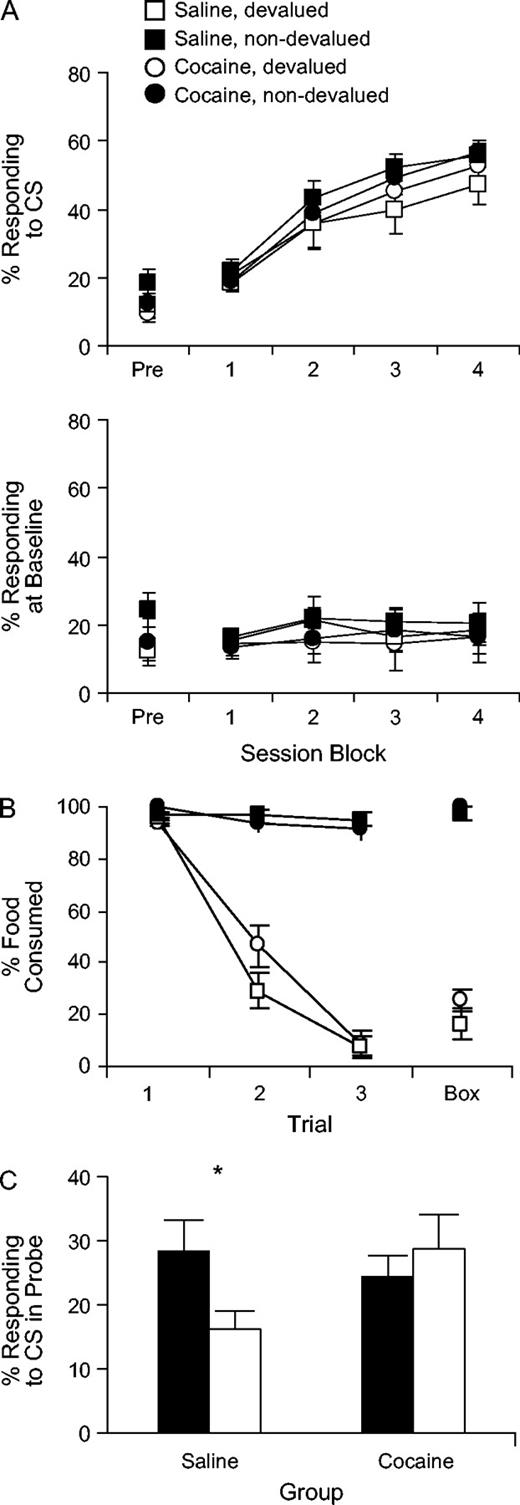Food-cup responding and taste aversion learning in cocaine-treated and saline-treated rats. (A) Percent of time spent in the food cup during presentation of the light CS (top panel) and at baseline during a pre-CS period (bottom panel) in a single pre-conditioning session and during conditioning. During conditioning, data are shown in two-session blocks. (B) Food consumption in the home cage during taste aversion training and testing (‘1–3’) and during the test conducted in the training chamber (‘box’). Consumption is shown as the percentage of presented food that was consumed. Note that the third food consumption test and the test conducted in the training chamber occurred after the extinction probe test. (C) Percent of time spent in the food cup during presentation of the light CS in the extinction probe test after devaluation. Bars show mean responding during the 16 light presentations in the session. Filled bars indicate ‘non-devalued’ groups, and open bars indicate ‘devalued’ groups.
