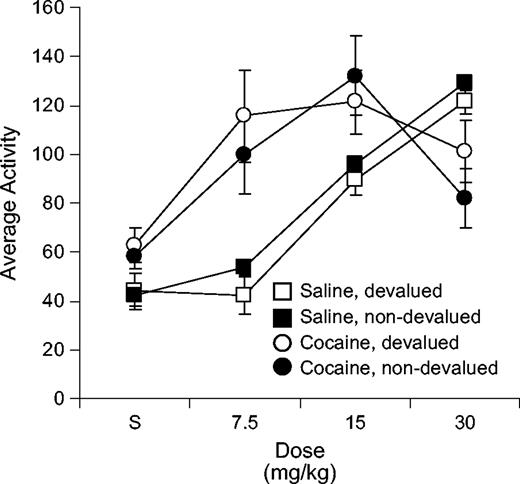 Locomotor activity in cocaine-treated and saline-treated rats during dose-response testing after behavioral training. Mean activity counts per 5 min block are shown for the 1 h session that followed each saline or cocaine injection.