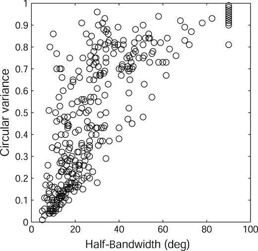 Scatterplot of circular variance versus half-bandwidth for the entire sample of 339 cells.